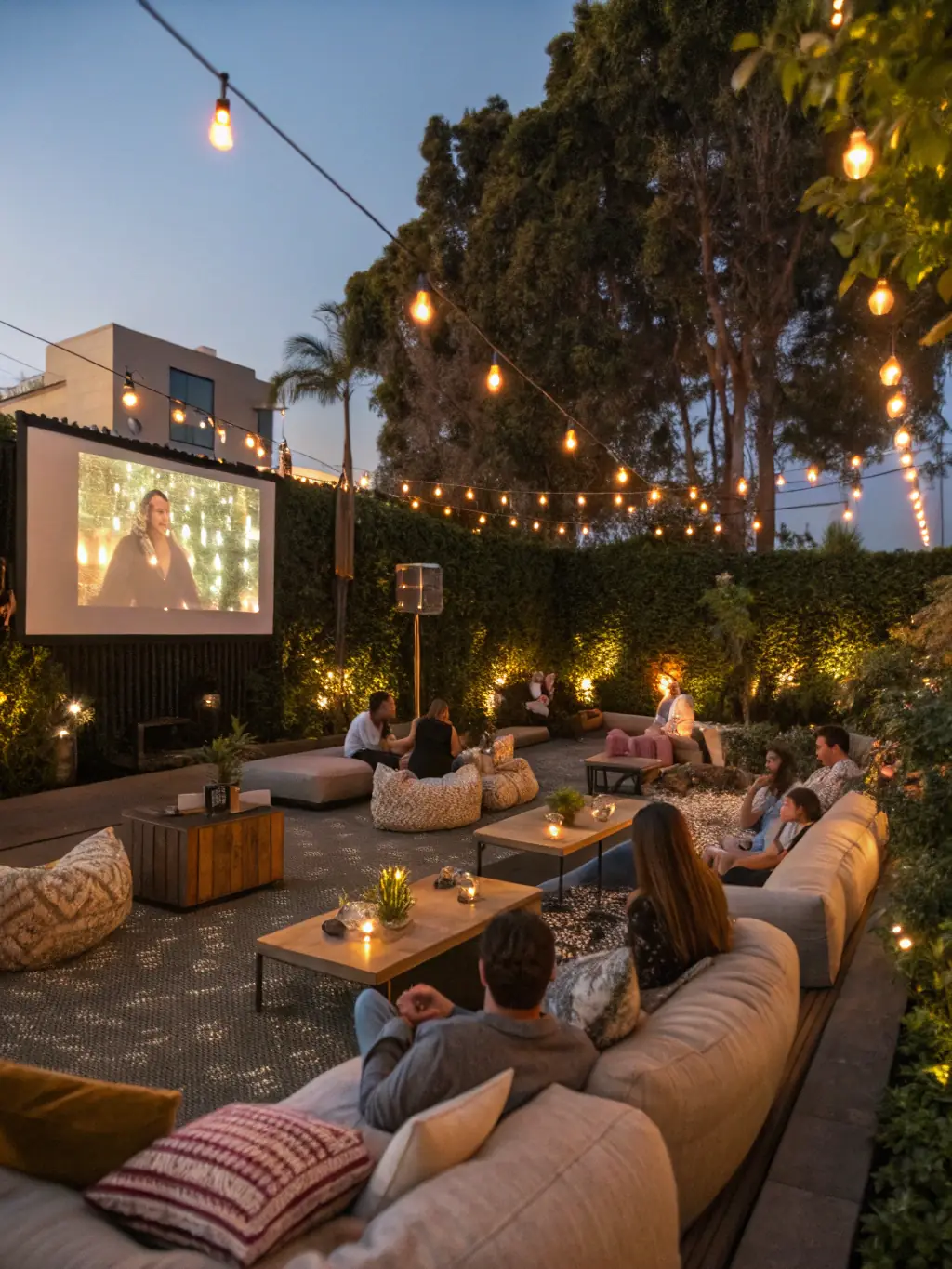 A photograph of The Spot's outdoor lounge area at dusk, featuring comfortable seating, soft lighting, and a relaxed atmosphere. Guests are enjoying drinks and appetizers.