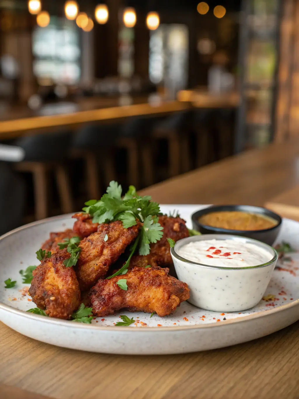A tempting image of The Spot's crispy chicken wings, coated in a flavorful sauce and served with celery sticks and blue cheese dressing, displayed on a rustic wooden board.