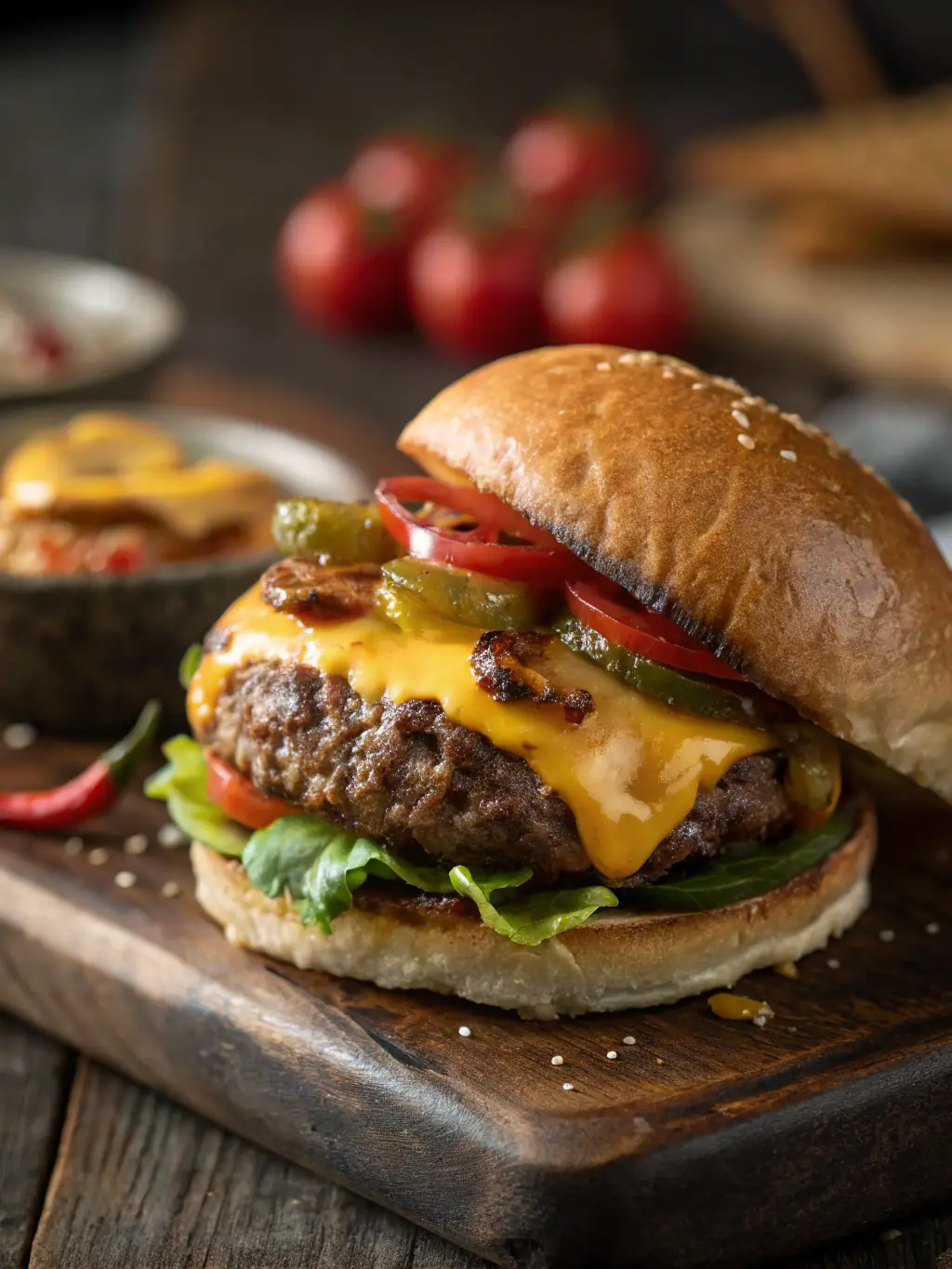 A close-up shot of The Spot's signature burger, showcasing the juicy patty, melted cheese, and fresh toppings, set against a blurred background of the bar's interior.