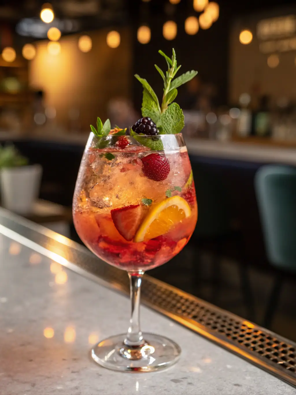 A vibrant image of a colorful cocktail being prepared at The Spot's bar, with the bartender adding a garnish and the bar's logo subtly visible in the background.